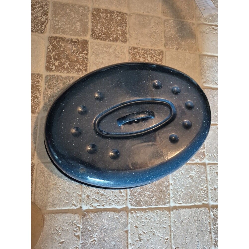 Vintage Blue & White Speckled Enamelware Replacement Roaster Lid Oval Baking
